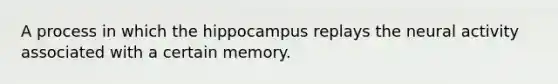 A process in which the hippocampus replays the neural activity associated with a certain memory.