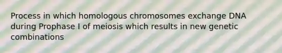 Process in which homologous chromosomes exchange DNA during Prophase I of meiosis which results in new genetic combinations