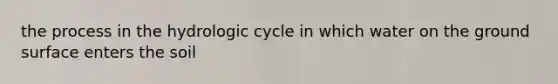 the process in the hydrologic cycle in which water on the ground surface enters the soil
