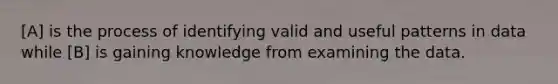 [A] is the process of identifying valid and useful patterns in data while [B] is gaining knowledge from examining the data.