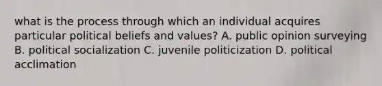 what is the process through which an individual acquires particular political beliefs and values? A. public opinion surveying B. political socialization C. juvenile politicization D. political acclimation