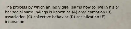 The process by which an individual learns how to live in his or her social surroundings is known as (A) amalgamation (B) association (C) collective behavior (D) socialization (E) innovation