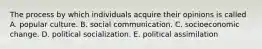 The process by which individuals acquire their opinions is called A. popular culture. B. social communication. C. socioeconomic change. D. political socialization. E. political assimilation