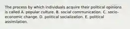 The process by which individuals acquire their political opinions is called A. popular culture. B. social communication. C. socio-economic change. D. political socialization. E. political assimilation.