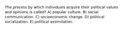 The process by which individuals acquire their political values and opinions is called? A) popular culture. B) social communication. C) socioeconomic change. D) political socialization. E) political assimilation.