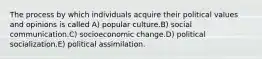 The process by which individuals acquire their political values and opinions is called A) popular culture.B) social communication.C) socioeconomic change.D) political socialization.E) political assimilation.