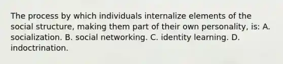 The process by which individuals internalize elements of the social structure, making them part of their own personality, is: A. socialization. B. social networking. C. identity learning. D. indoctrination.