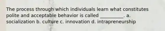 The process through which individuals learn what constitutes polite and acceptable behavior is called __________. a. socialization b. culture c. innovation d. intrapreneurship