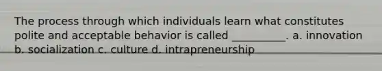 The process through which individuals learn what constitutes polite and acceptable behavior is called __________. a. innovation b. socialization c. culture d. intrapreneurship