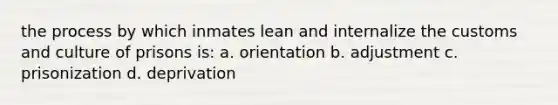 the process by which inmates lean and internalize the customs and culture of prisons is: a. orientation b. adjustment c. prisonization d. deprivation