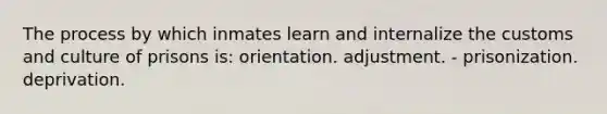 The process by which inmates learn and internalize the customs and culture of prisons is: orientation. adjustment. - prisonization. deprivation.