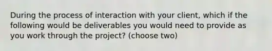 During the process of interaction with your client, which if the following would be deliverables you would need to provide as you work through the project? (choose two)