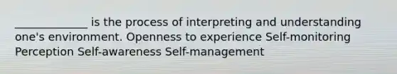 _____________ is the process of interpreting and understanding one's environment. Openness to experience Self-monitoring Perception Self-awareness Self-management