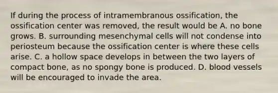 If during the process of intramembranous ossification, the ossification center was removed, the result would be A. no bone grows. B. surrounding mesenchymal cells will not condense into periosteum because the ossification center is where these cells arise. C. a hollow space develops in between the two layers of compact bone, as no spongy bone is produced. D. blood vessels will be encouraged to invade the area.