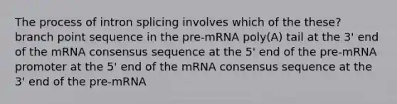 The process of intron splicing involves which of the these? branch point sequence in the pre-mRNA poly(A) tail at the 3' end of the mRNA consensus sequence at the 5' end of the pre-mRNA promoter at the 5' end of the mRNA consensus sequence at the 3' end of the pre-mRNA