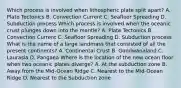 Which process is involved when lithospheric plate split apart? A. Plate Tectonics B. Convection Current C. Seafloor Spreading D. Subduction process Which process is involved when the oceanic crust plunges down into the mantle? A. Plate Tectonics B. Convection Current C. Seafloor Spreading D. Subduction process What is the name of a large landmass that consisted of all the present continents? A. Continental Crust B. Gondwanaland C. Laurasia D. Pangaea Where is the location of the new ocean floor when two oceanic plates diverge? A. At the subduction zone B. Away from the Mid-Ocean Ridge C. Nearest to the Mid-Ocean Ridge D. Nearest to the Subduction zone