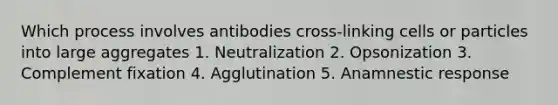 Which process involves antibodies cross-linking cells or particles into large aggregates 1. Neutralization 2. Opsonization 3. Complement fixation 4. Agglutination 5. Anamnestic response