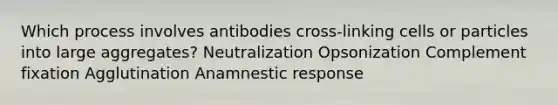 Which process involves antibodies cross-linking cells or particles into large aggregates? Neutralization Opsonization Complement fixation Agglutination Anamnestic response