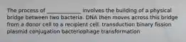 The process of _____________ involves the building of a physical bridge between two bacteria. DNA then moves across this bridge from a donor cell to a recipient cell. transduction binary fission plasmid conjugation bacteriophage transformation