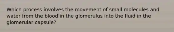 Which process involves the movement of small molecules and water from <a href='https://www.questionai.com/knowledge/k7oXMfj7lk-the-blood' class='anchor-knowledge'>the blood</a> in the glomerulus into the fluid in the glomerular capsule?