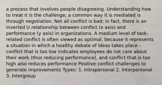 a process that involves people disagreeing. Understanding how to treat it is the challenge; a common way it is mediated is through negotiation. Not all conflict is bad; in fact, there is an inverted U relationship between conflict (x axis) and performance (y axis) in organizations. A medium level of task-related conflict is often viewed as optimal, because it represents a situation in which a healthy debate of ideas takes place - conflict that is too low indicates employees do not care about their work (thus reducing performance), and conflict that is too high also reduces performance Positive conflict challenges to generate improvements Types: 1. Intrapersonal 2. Interpersonal 3. Intergroup