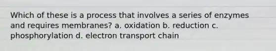 Which of these is a process that involves a series of enzymes and requires membranes?​ a. oxidation b. reduction c. phosphorylation d. electron transport chain​​