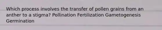 Which process involves the transfer of pollen grains from an anther to a stigma? Pollination Fertilization Gametogenesis Germination