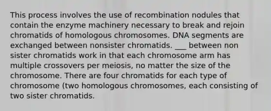 This process involves the use of recombination nodules that contain the enzyme machinery necessary to break and rejoin chromatids of homologous chromosomes. DNA segments are exchanged between nonsister chromatids. ___ between non sister chromatids work in that each chromosome arm has multiple crossovers per meiosis, no matter the size of the chromosome. There are four chromatids for each type of chromosome (two homologous chromosomes, each consisting of two sister chromatids.