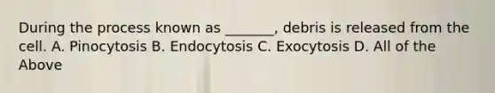 During the process known as _______, debris is released from the cell. A. Pinocytosis B. Endocytosis C. Exocytosis D. All of the Above