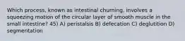 Which process, known as intestinal churning, involves a squeezing motion of the circular layer of smooth muscle in the small intestine? 45) A) peristalsis B) defecation C) deglutition D) segmentation