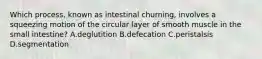 Which process, known as intestinal churning, involves a squeezing motion of the circular layer of smooth muscle in the small intestine? A.deglutition B.defecation C.peristalsis D.segmentation