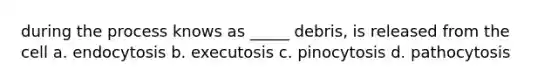 during the process knows as _____ debris, is released from the cell a. endocytosis b. executosis c. pinocytosis d. pathocytosis