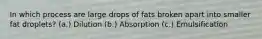 In which process are large drops of fats broken apart into smaller fat droplets? (a.) Dilution (b.) Absorption (c.) Emulsification