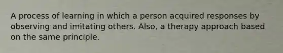 A process of learning in which a person acquired responses by observing and imitating others. Also, a therapy approach based on the same principle.