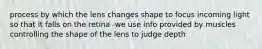 process by which the lens changes shape to focus incoming light so that it falls on the retina -we use info provided by muscles controlling the shape of the lens to judge depth