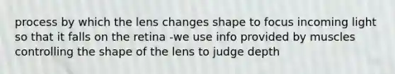 process by which the lens changes shape to focus incoming light so that it falls on the retina -we use info provided by muscles controlling the shape of the lens to judge depth