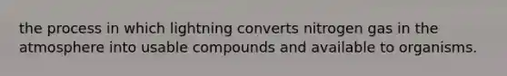 the process in which lightning converts nitrogen gas in the atmosphere into usable compounds and available to organisms.