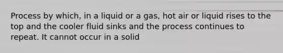 Process by which, in a liquid or a gas, hot air or liquid rises to the top and the cooler fluid sinks and the process continues to repeat. It cannot occur in a solid