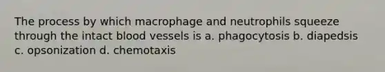 The process by which macrophage and neutrophils squeeze through the intact blood vessels is a. phagocytosis b. diapedsis c. opsonization d. chemotaxis