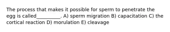 The process that makes it possible for sperm to penetrate the egg is called__________. A) sperm migration B) capacitation C) the cortical reaction D) morulation E) cleavage