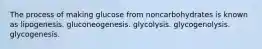 The process of making glucose from noncarbohydrates is known as lipogenesis. gluconeogenesis. glycolysis. glycogenolysis. glycogenesis.