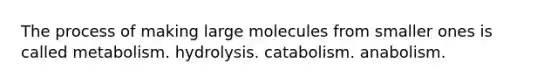 The process of making large molecules from smaller ones is called metabolism. hydrolysis. catabolism. anabolism.