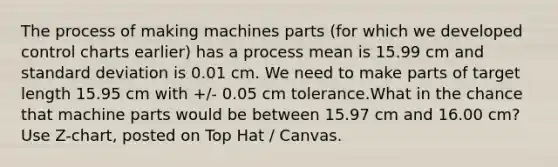 The process of making machines parts (for which we developed control charts earlier) has a process mean is 15.99 cm and standard deviation is 0.01 cm. We need to make parts of target length 15.95 cm with +/- 0.05 cm tolerance.What in the chance that machine parts would be between 15.97 cm and 16.00 cm? Use Z-chart, posted on Top Hat / Canvas.