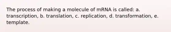 The process of making a molecule of mRNA is called: a. transcription, b. translation, c. replication, d. transformation, e. template.