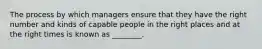 The process by which managers ensure that they have the right number and kinds of capable people in the right places and at the right times is known as ________.