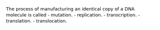 The process of manufacturing an identical copy of a DNA molecule is called - mutation. - replication. - transcription. - translation. - translocation.