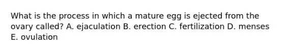 What is the process in which a mature egg is ejected from the ovary called? A. ejaculation B. erection C. fertilization D. menses E. ovulation