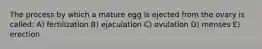 The process by which a mature egg is ejected from the ovary is called: A) fertilization B) ejaculation C) ovulation D) menses E) erection