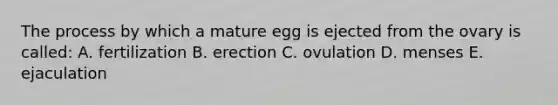 The process by which a mature egg is ejected from the ovary is called: A. fertilization B. erection C. ovulation D. menses E. ejaculation