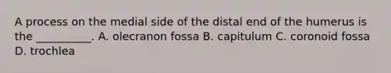 A process on the medial side of the distal end of the humerus is the __________. A. olecranon fossa B. capitulum C. coronoid fossa D. trochlea